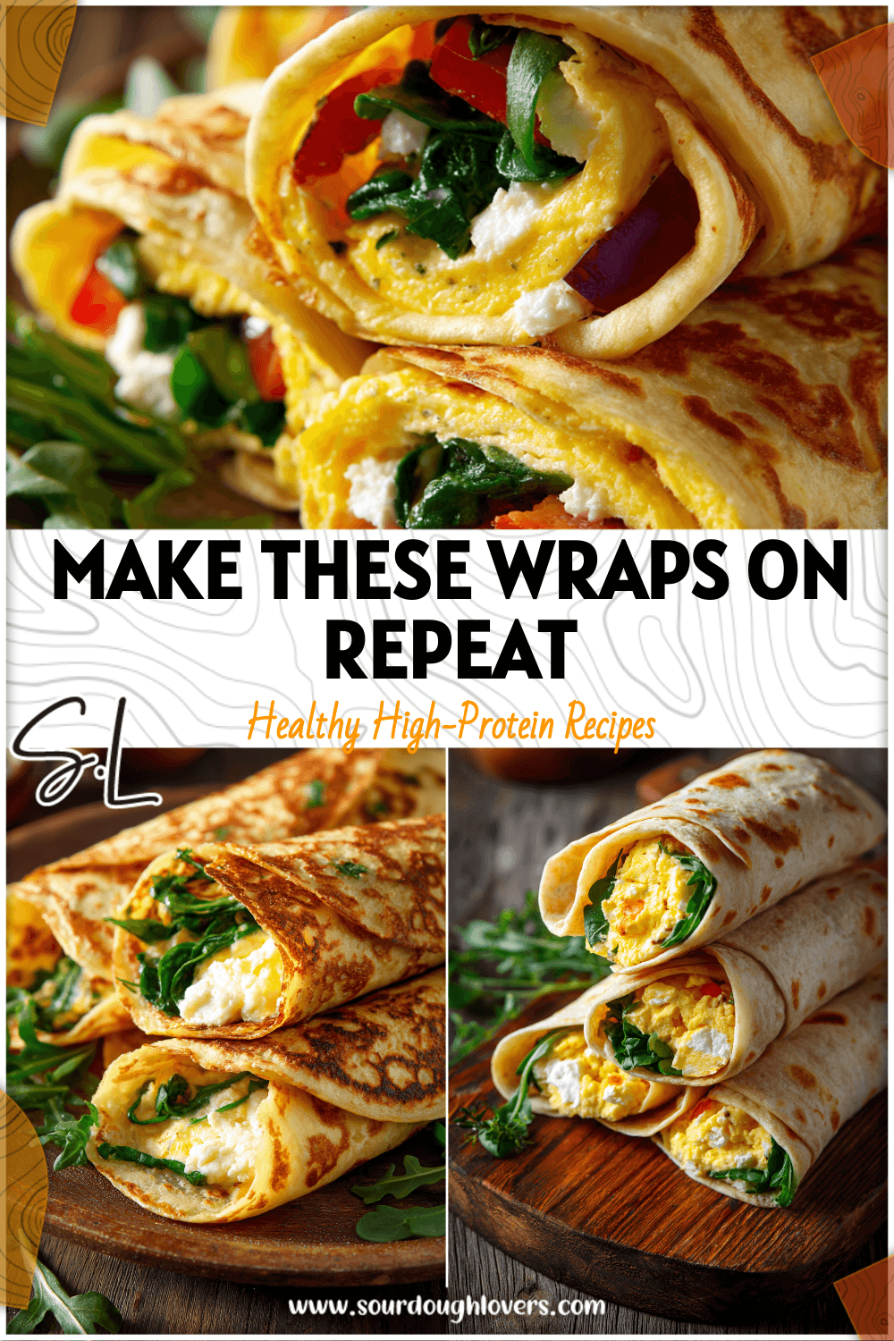 Stack of golden Cottage Cheese Egg Wraps with fresh greens and cottage cheese on a rustic plate